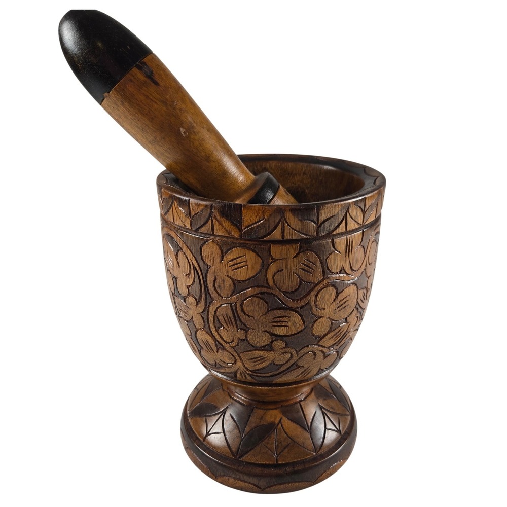 Hand Carved Wood Mortar & Pestle Floral Folk Art Pedestal Vintage Style 10"